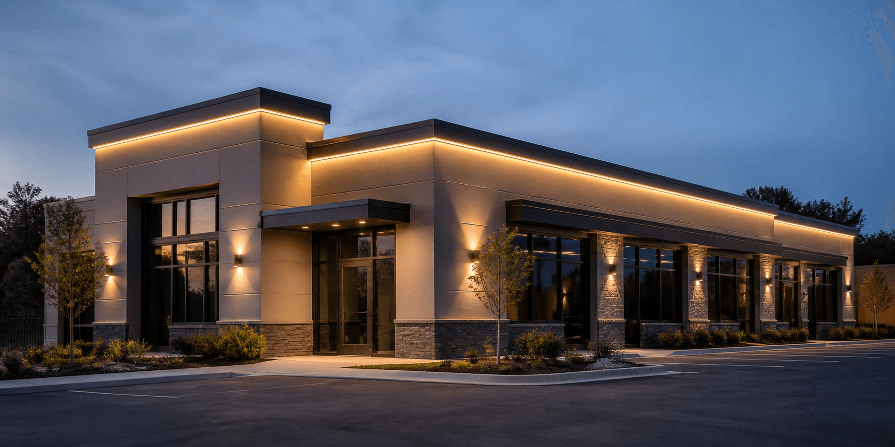 Contemporary commercial building illuminated with warm permanent roofline lighting at dusk