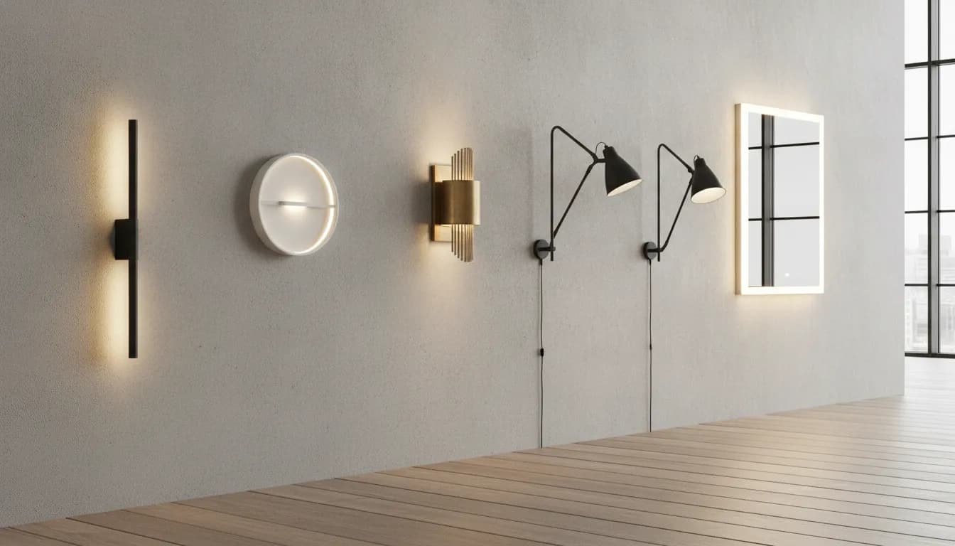 A collection of different types of wall lights in modern styles and finishes.