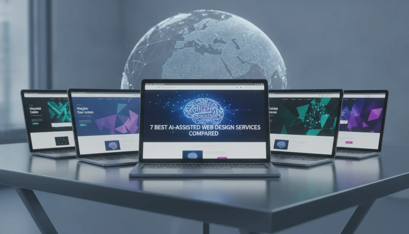 Five laptops display AI-assisted web design services with a digital globe in the background.