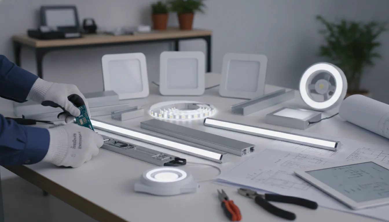 LED light fixtures and installation tools laid out on a table for a DIY project.