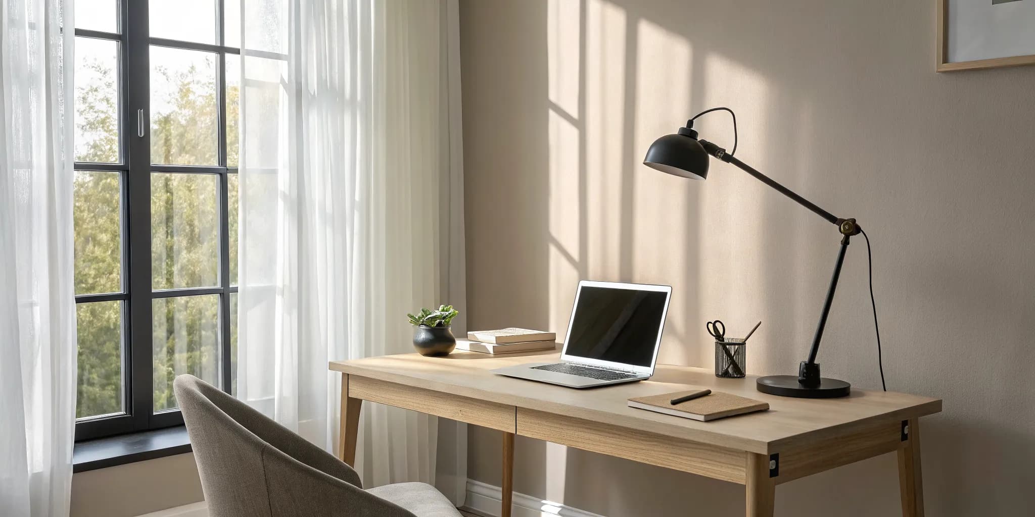 A Visual Comfort desk lamp provides comfortable, focused lighting in a modern home office.