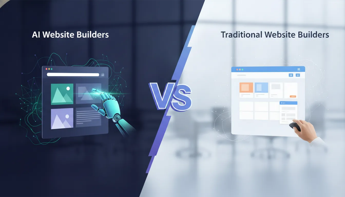 AI vs. traditional website builders, shown as a robot and human designing web pages.