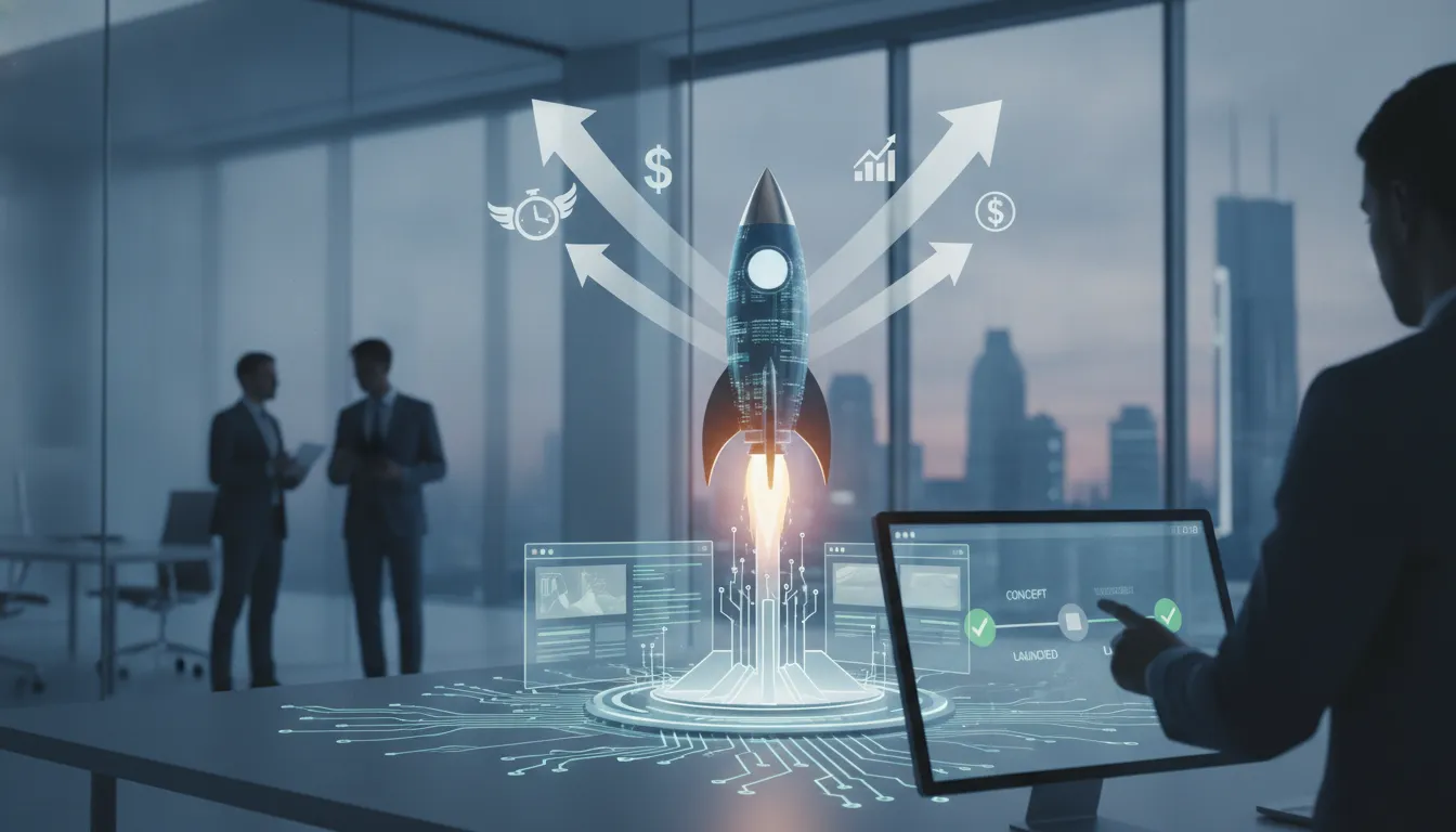 Digital rocket launching in a modern office for rapid website deployment.