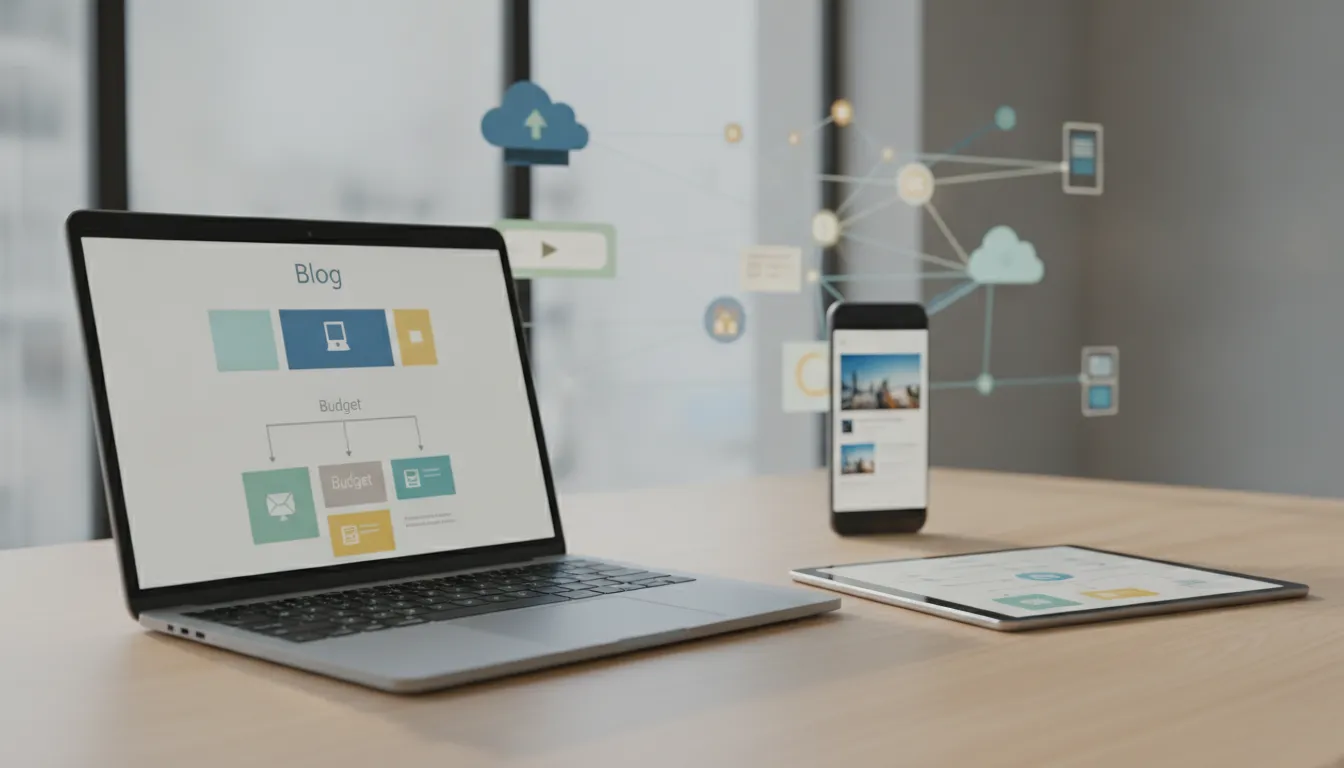 Laptop, tablet, and smartphone displaying responsive blog websites on a desk.