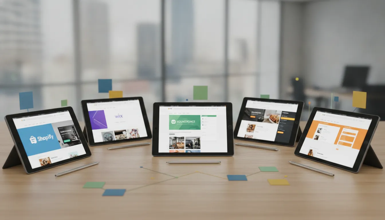 Tablets displaying website builders for small business, including Shopify, Wix, and Squarespace.