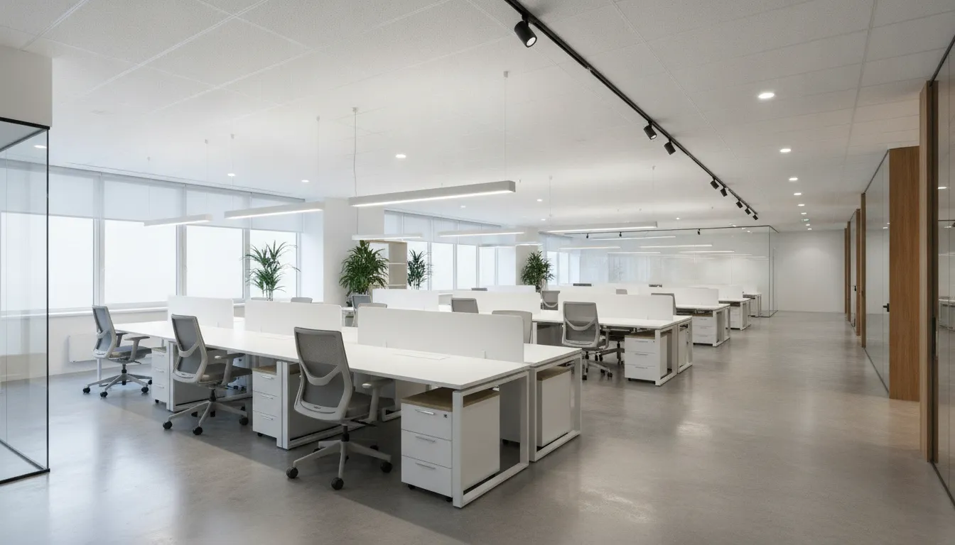 Modern commercial office with energy-efficient lighting, ergonomic chairs, and natural daylight.