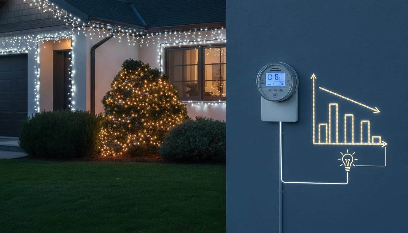 LED Christmas lights on a house and bushes beside an electric meter, representing their running cost.