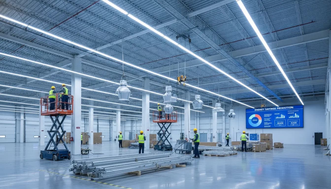 Workers retrofit industrial warehouse lighting with LED fixtures.