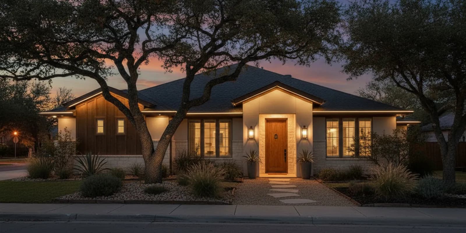 A welcoming home at dusk with subtle permanent roofline lighting