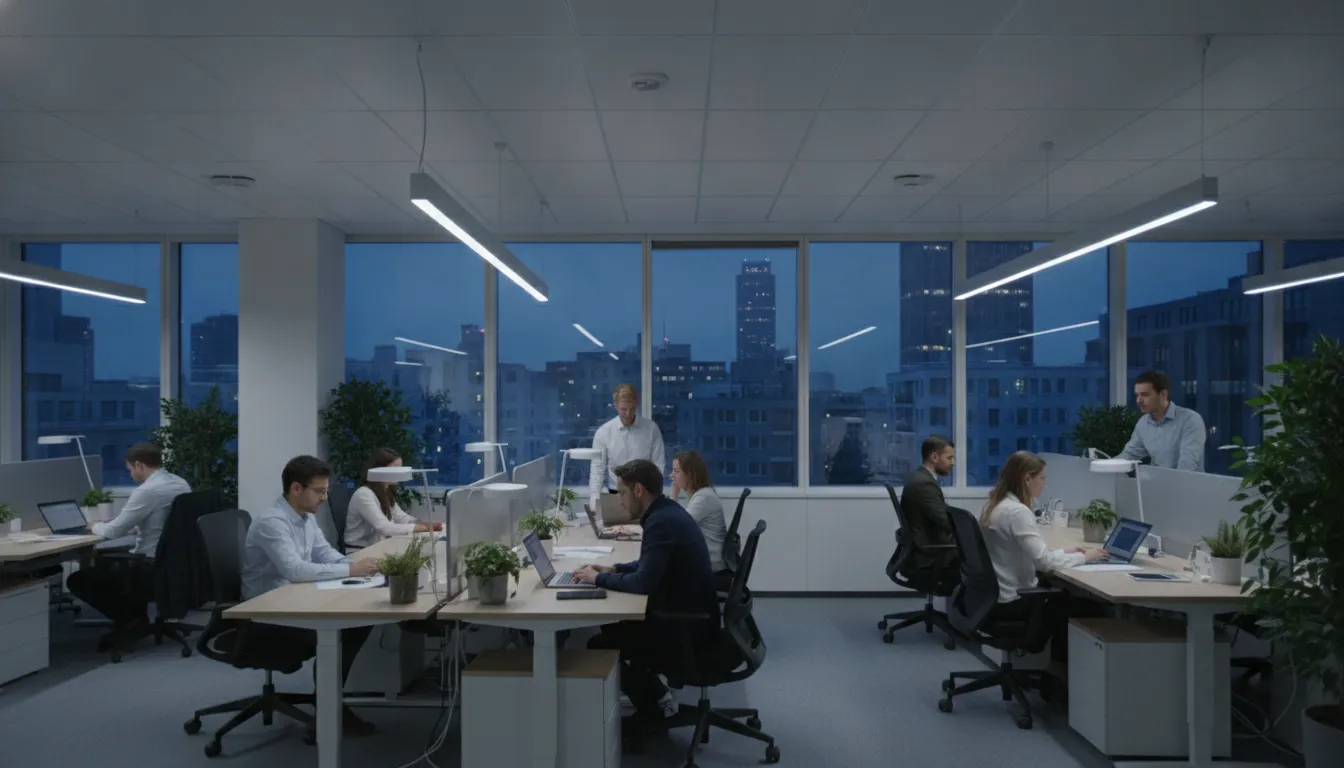 Employees working in a modern office with energy-efficient LED lighting and a city skyline through windows.