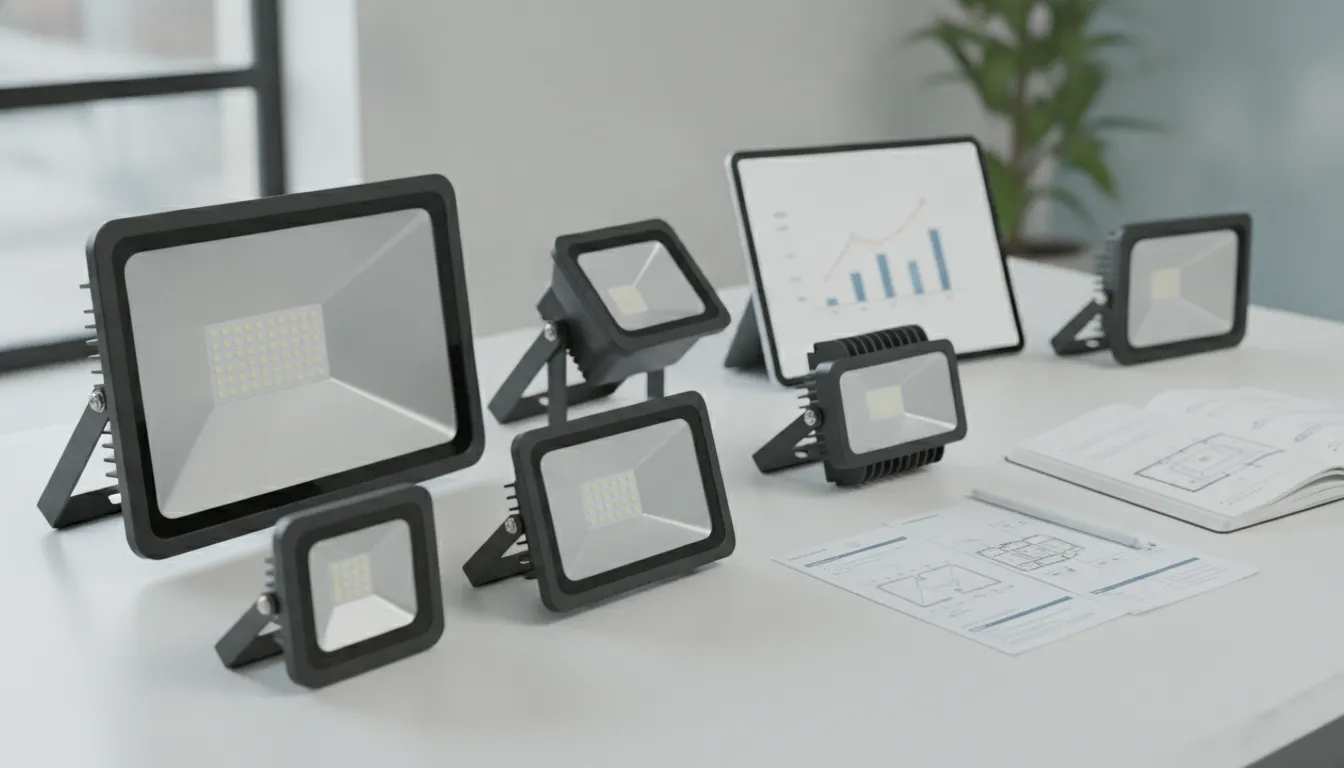 A selection of LED flood lights in various sizes for a buyer's guide.