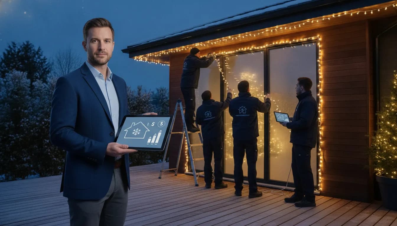 Professionals install holiday lights on a home's exterior at night.