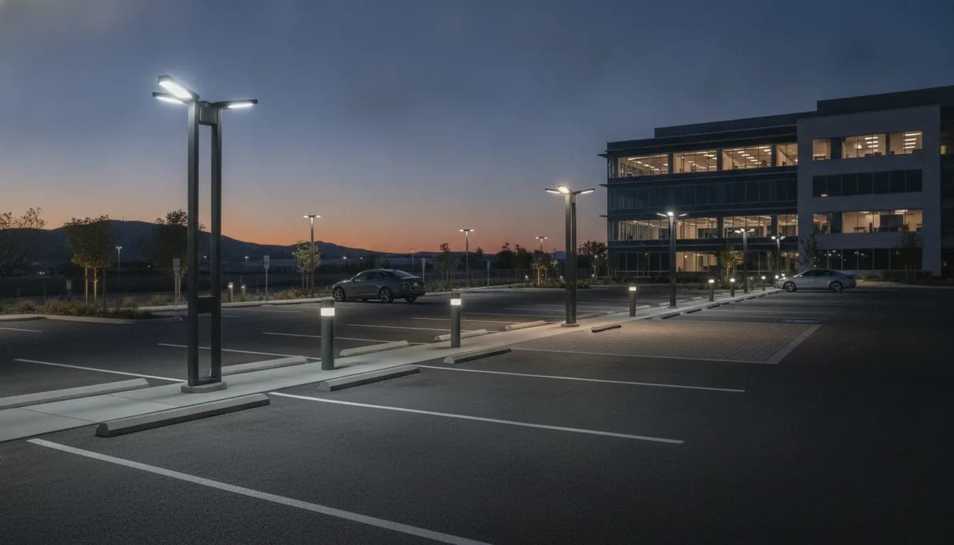Commercial parking lot lighting fixtures illuminating parking spaces at dusk.