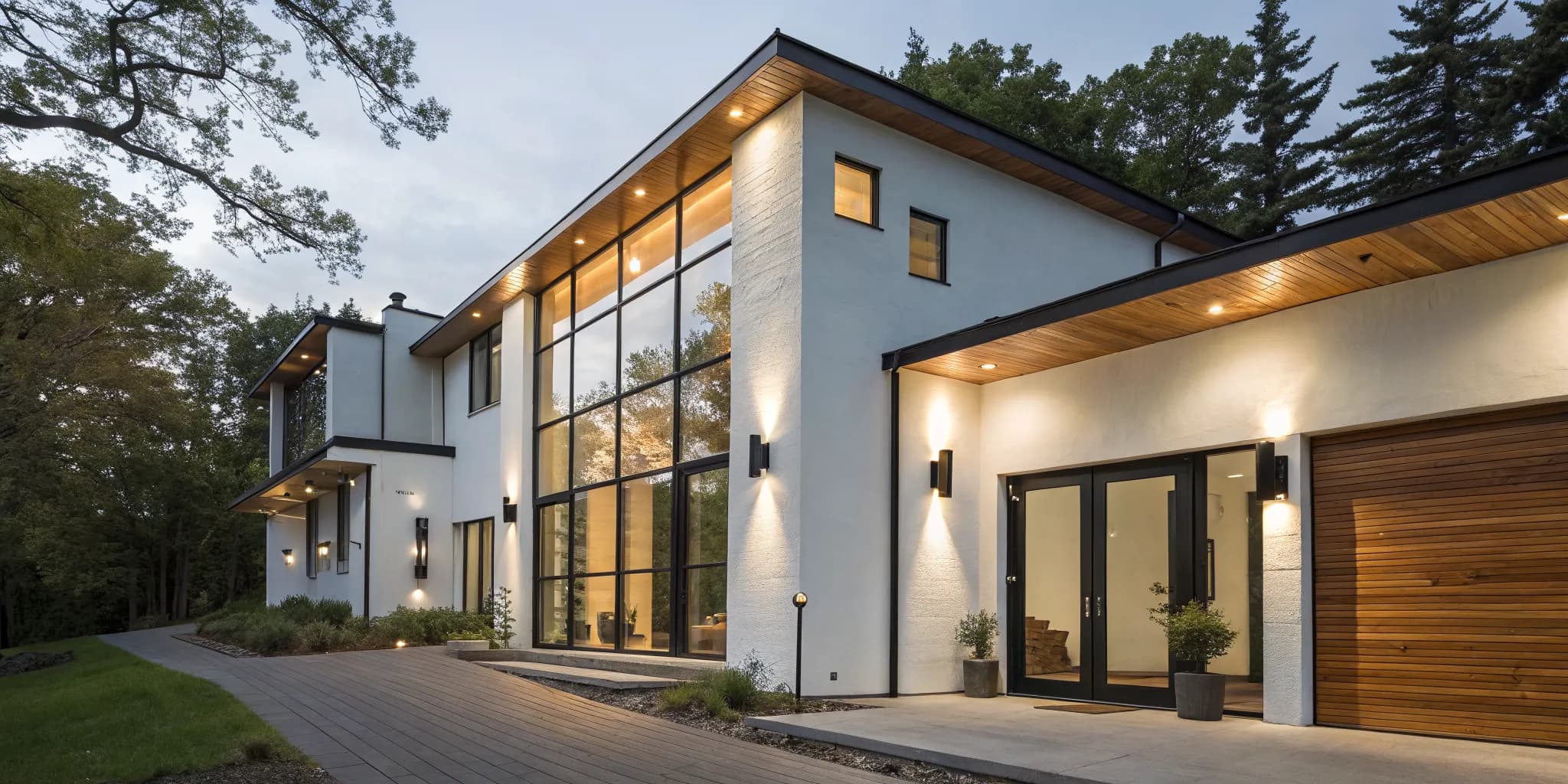 Stylish outdoor light fixtures illuminating the entryway and garage of a modern home.