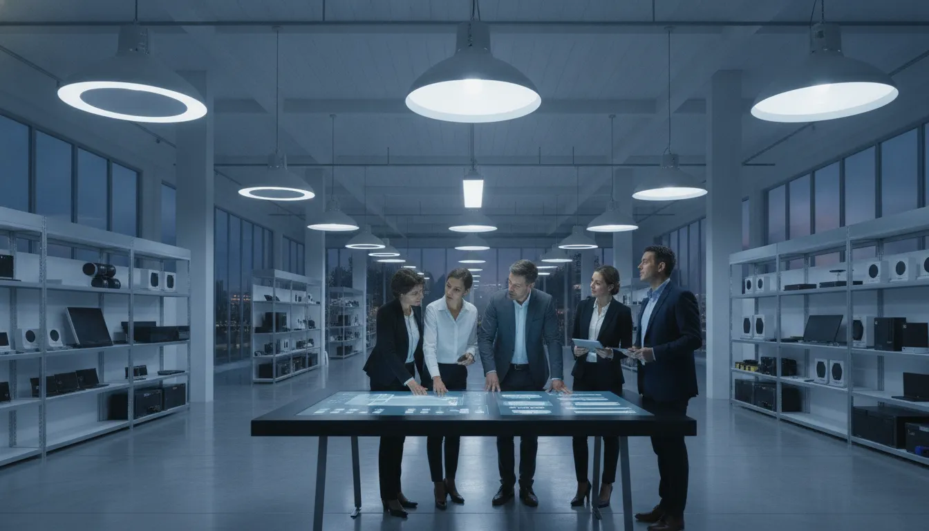 Team working in a warehouse under bright LED high bay lights for sale.
