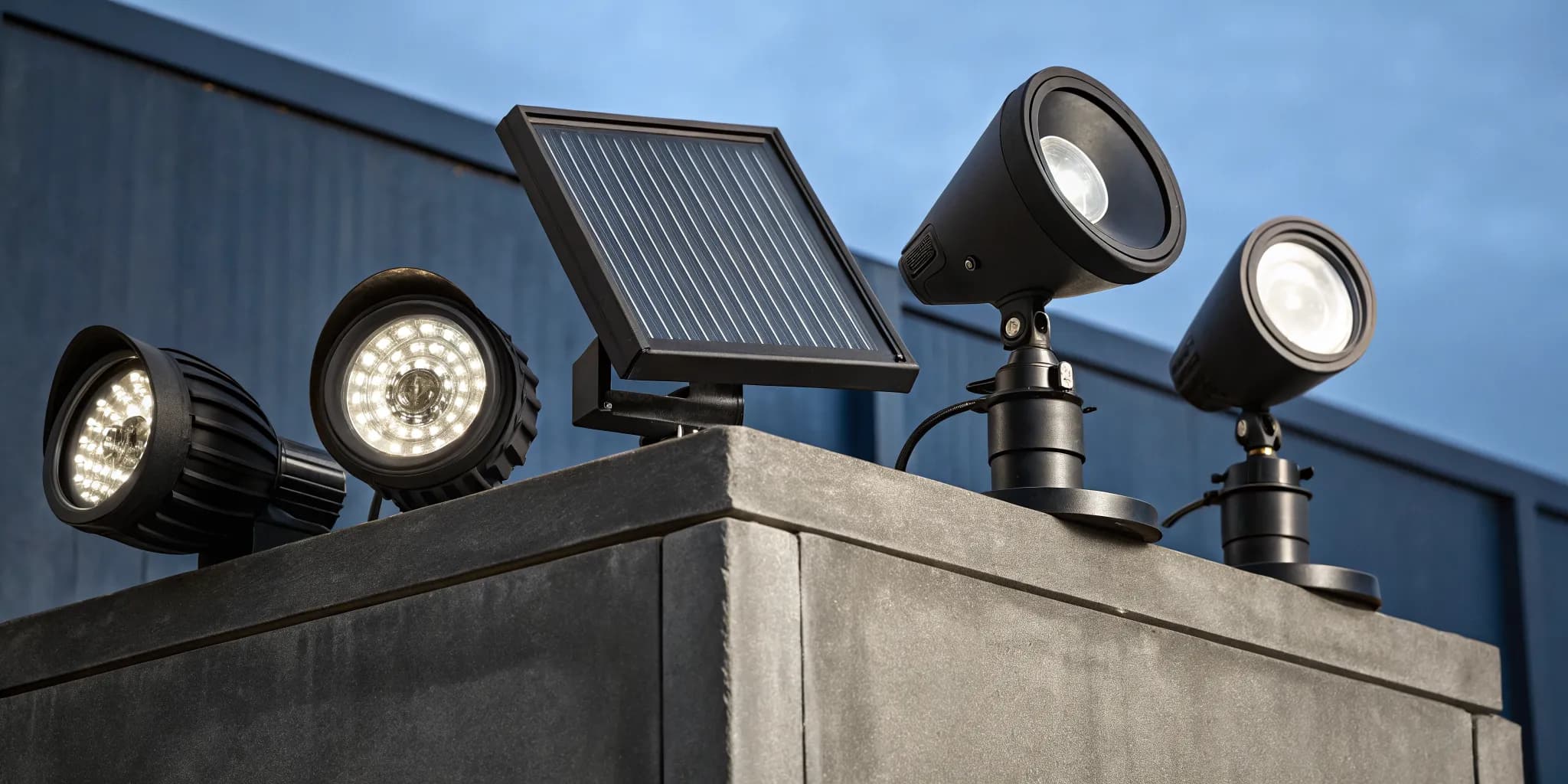 A variety of outdoor flood lights, including solar options, on a home.