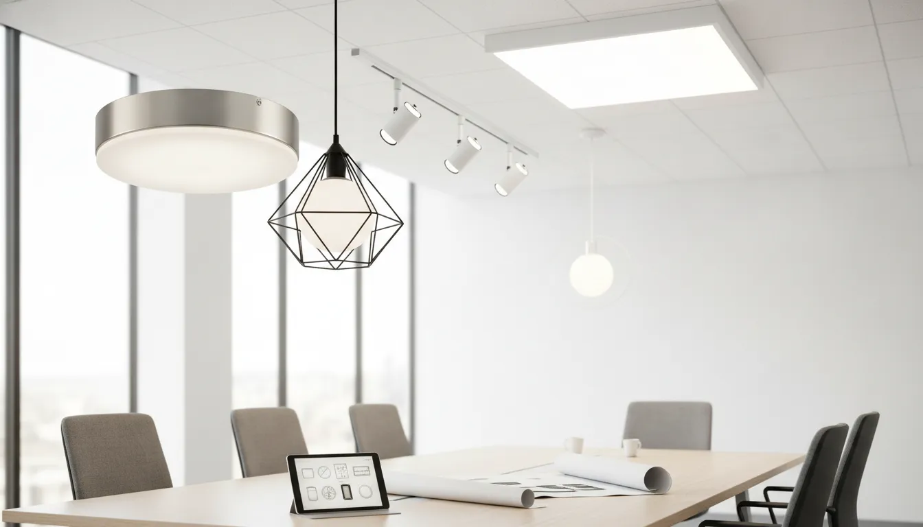Various ceiling light fixtures, including pendants and track lights, in a modern office.