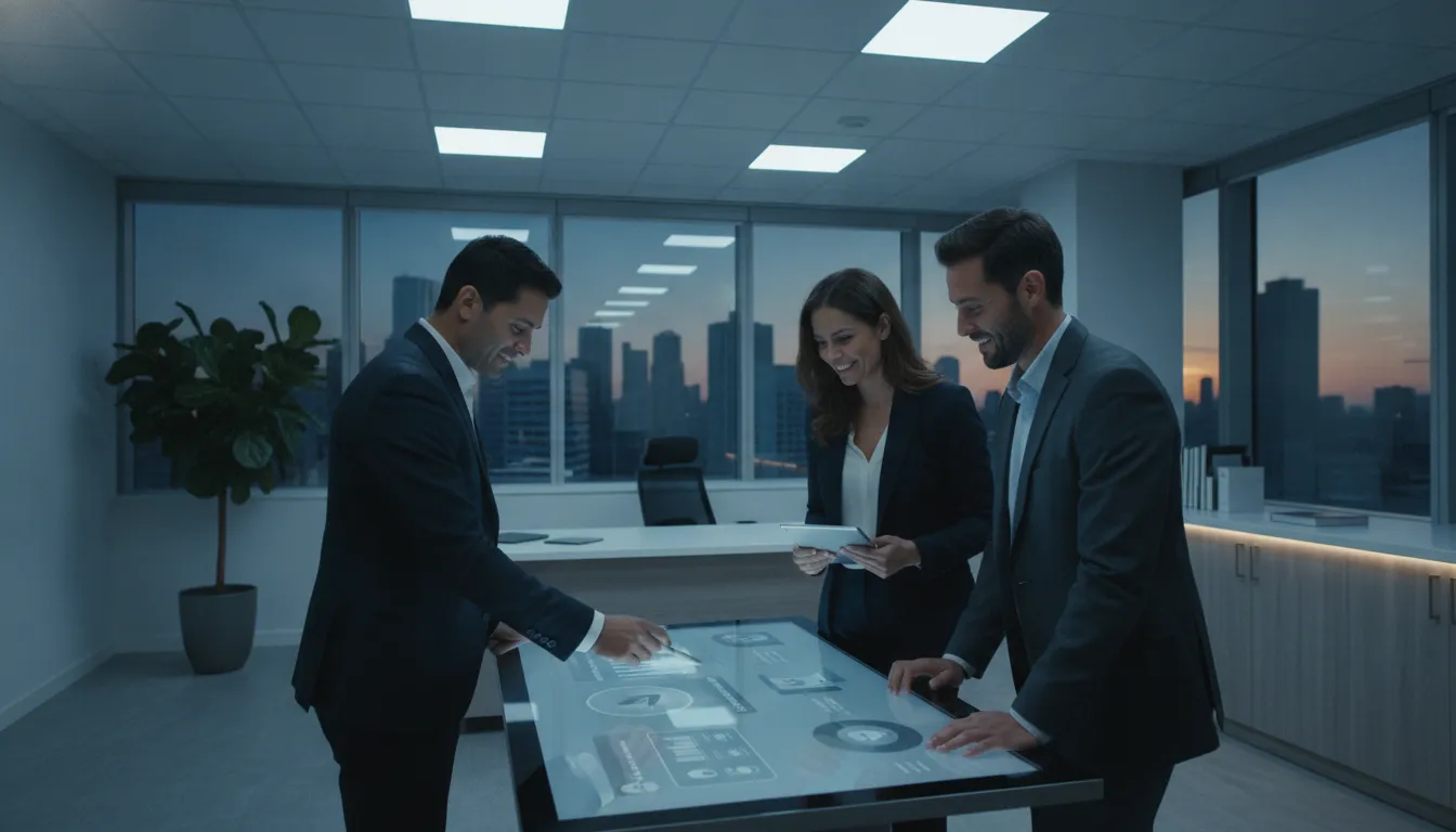 Business professionals reviewing LED lighting rebate options for their business on a touchscreen.