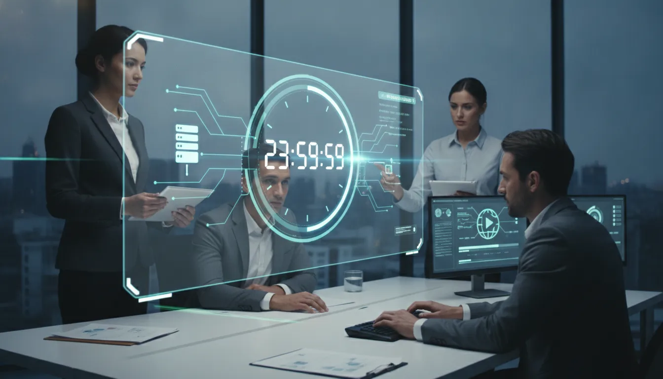 Business team launching a website with a 24-hour countdown on a digital screen.