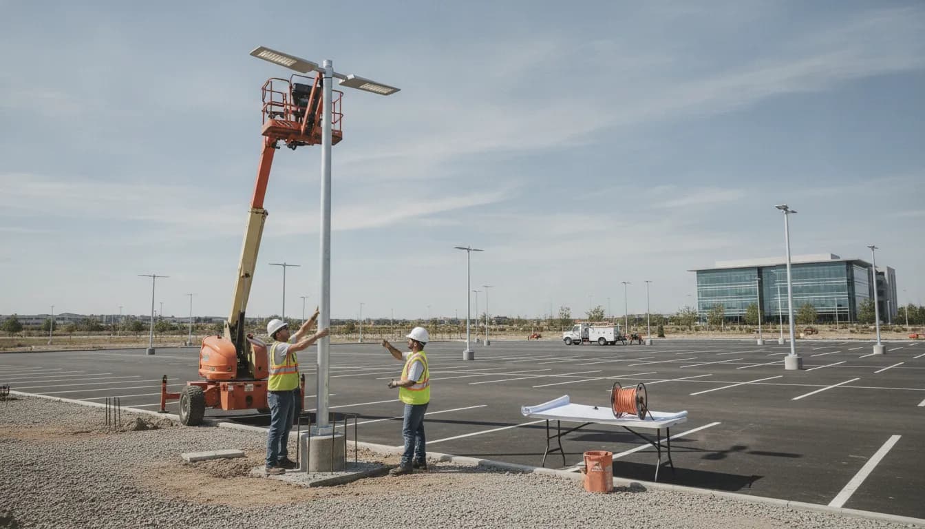 Workers installing a parking lot lighting pole from a lift in an empty lot.