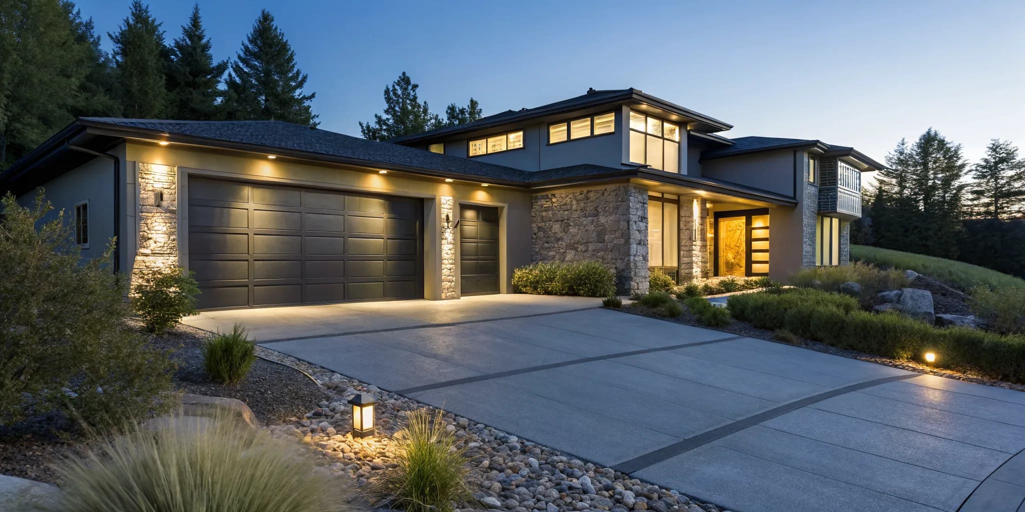 Outdoor motion lights illuminating the garage and entryway of a modern home at dusk.