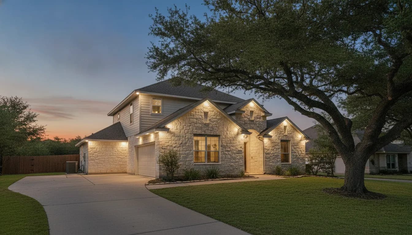 A Texas stone and siding home at dusk with warm permanent lights along the roofline