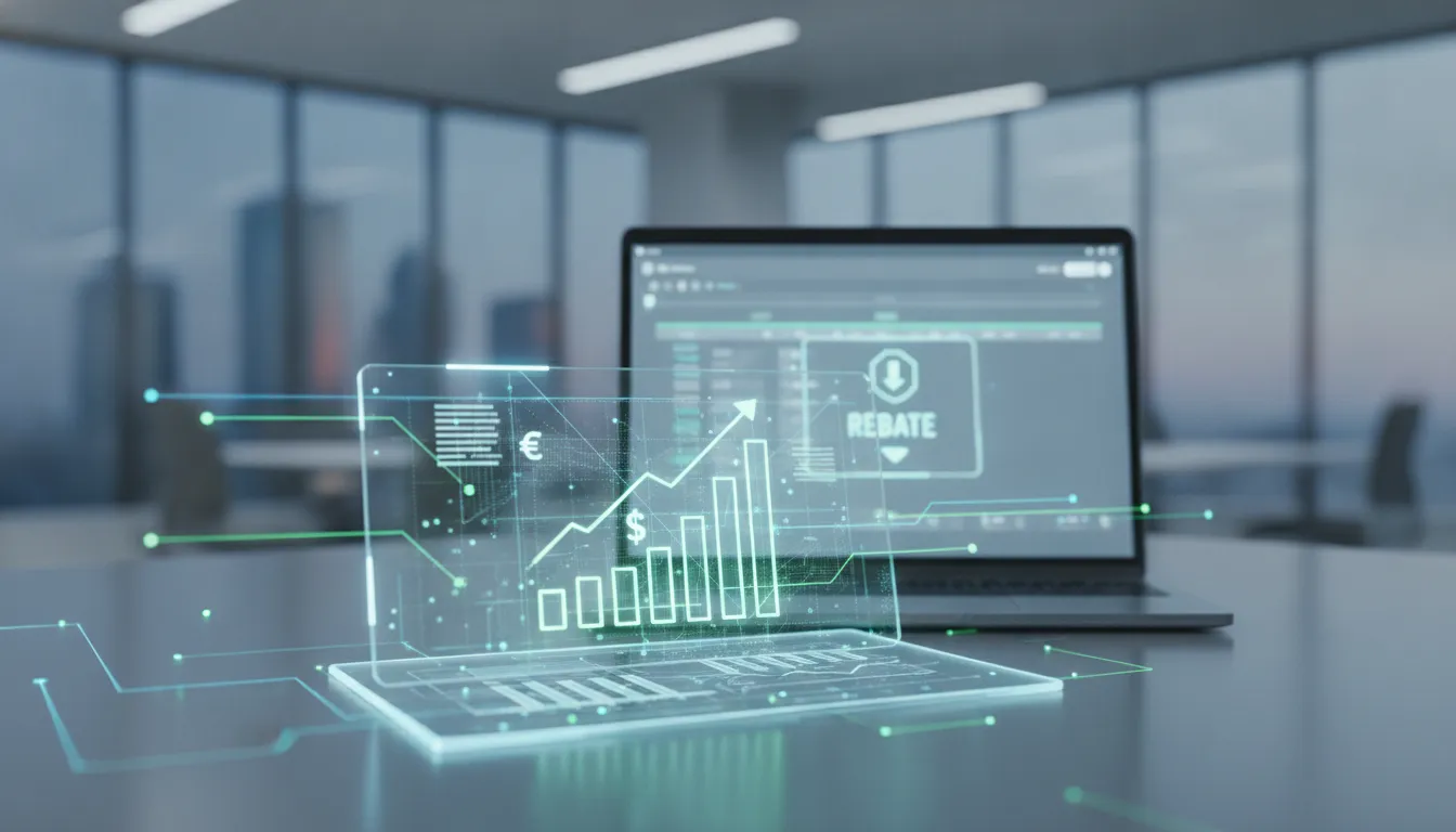 Laptop displaying LED rebate management software with rebate analytics and charts in a modern office.