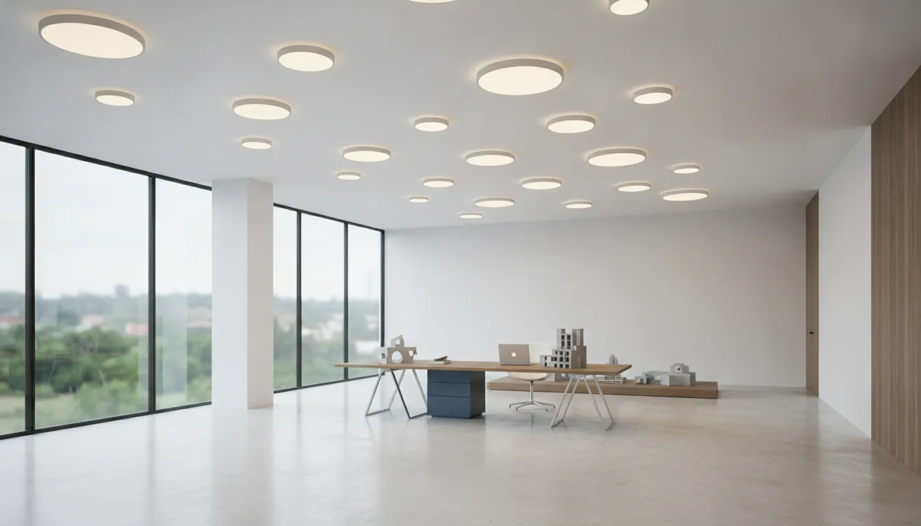 Modern office with LED recessed ceiling lights, large windows, and minimalist furniture.