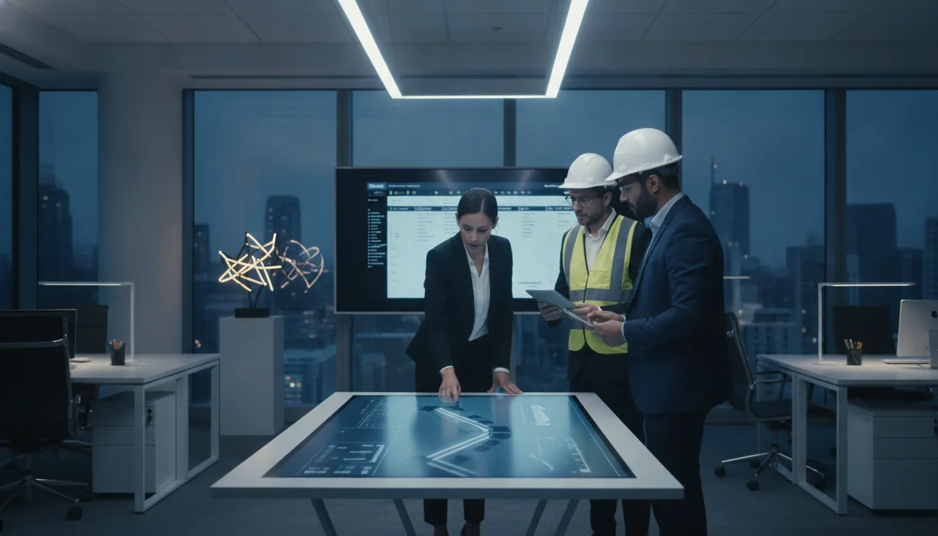 Lighting project managers and engineers reviewing commercial lighting project plans on a digital table.