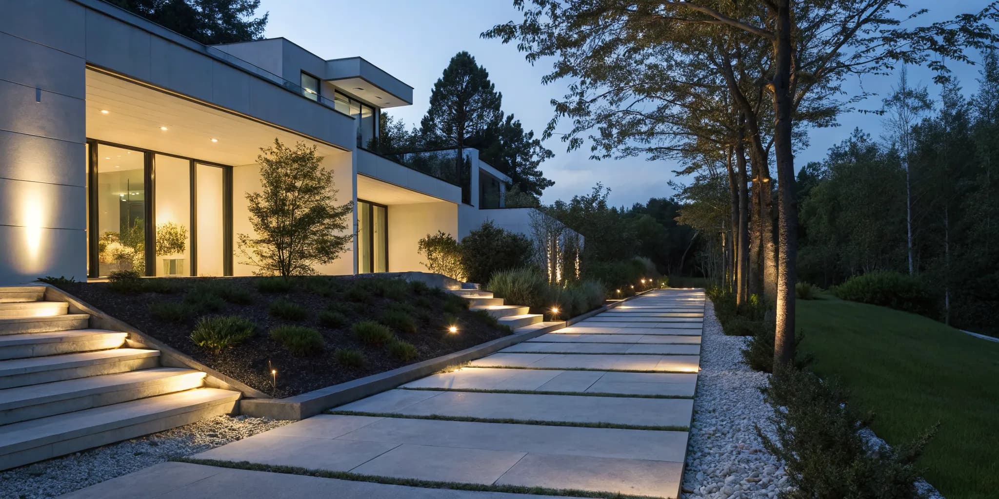 Low voltage landscape lighting highlights a modern home's walkway, steps, and trees at dusk.