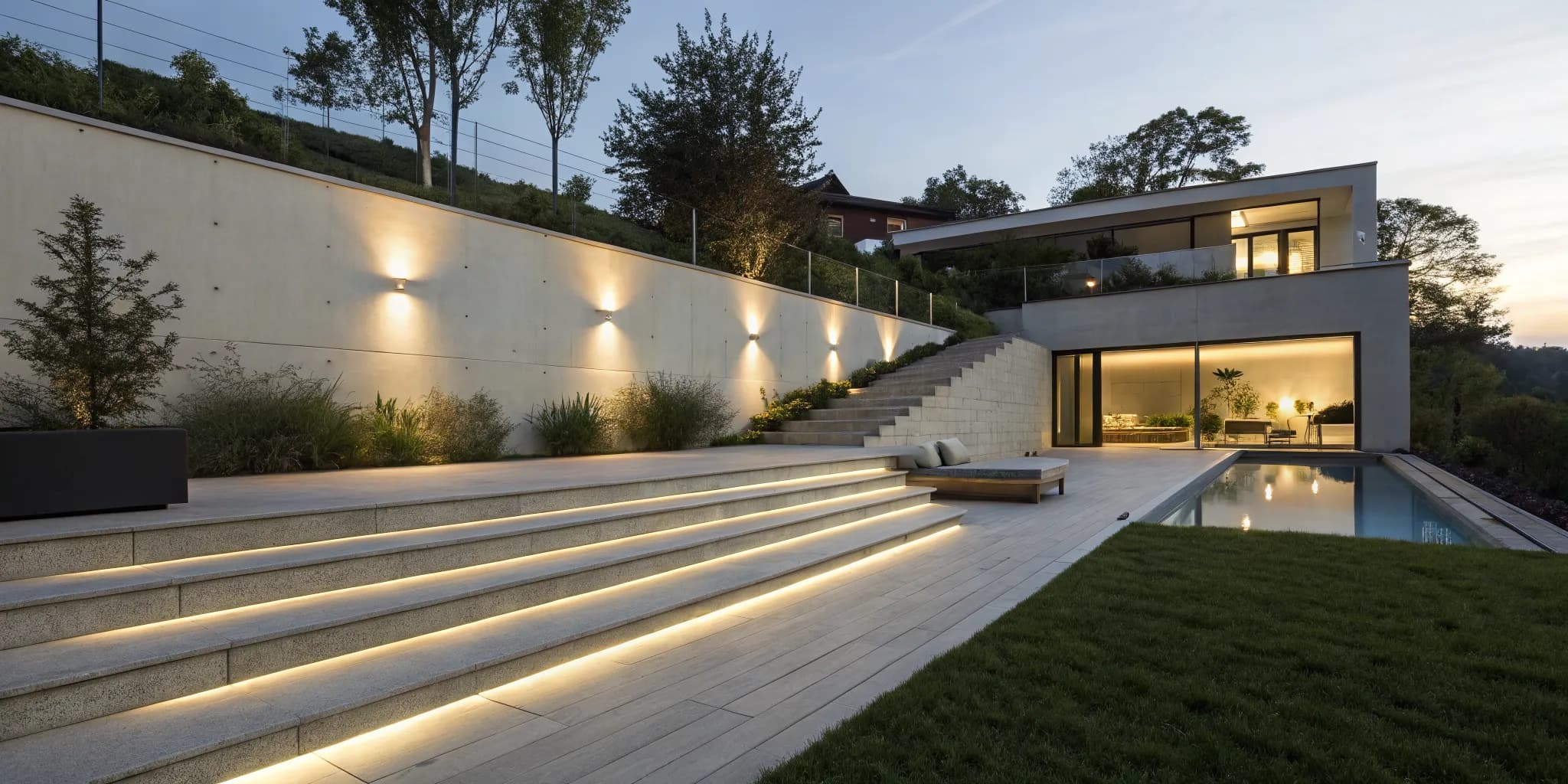 Outdoor LED strip lights illuminating patio steps, a pool area, and a garden wall.