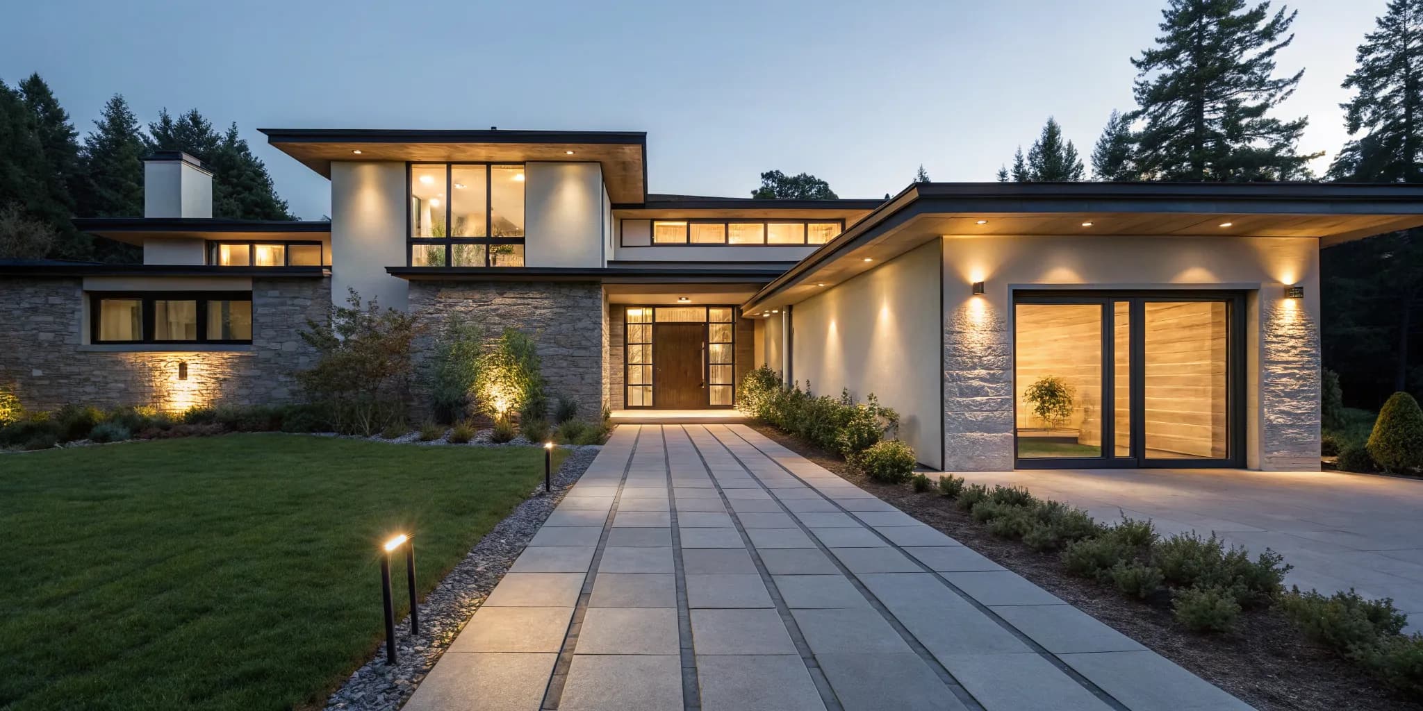 Permanent outdoor lights illuminating the exterior and pathway of a modern home at night.