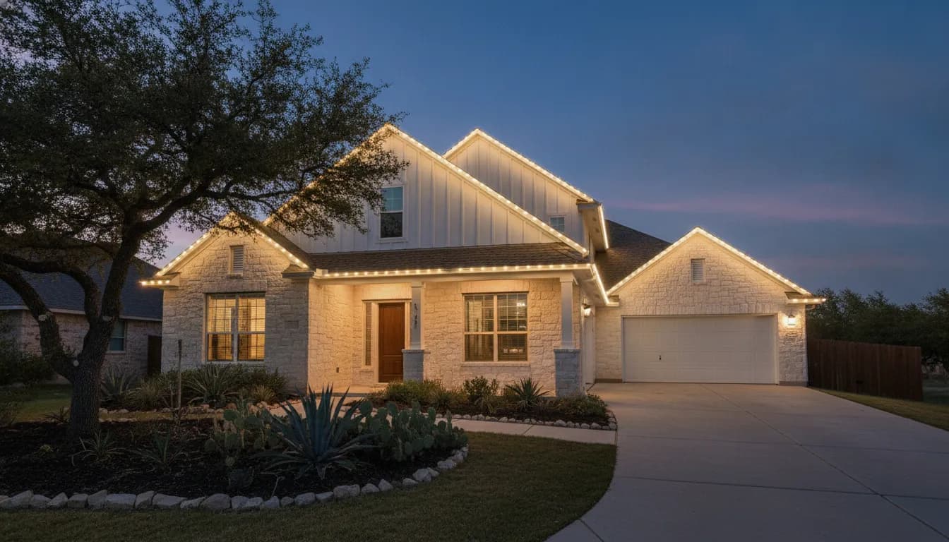 Austin limestone home at dusk with permanent lights tracing the front gables and garage eave