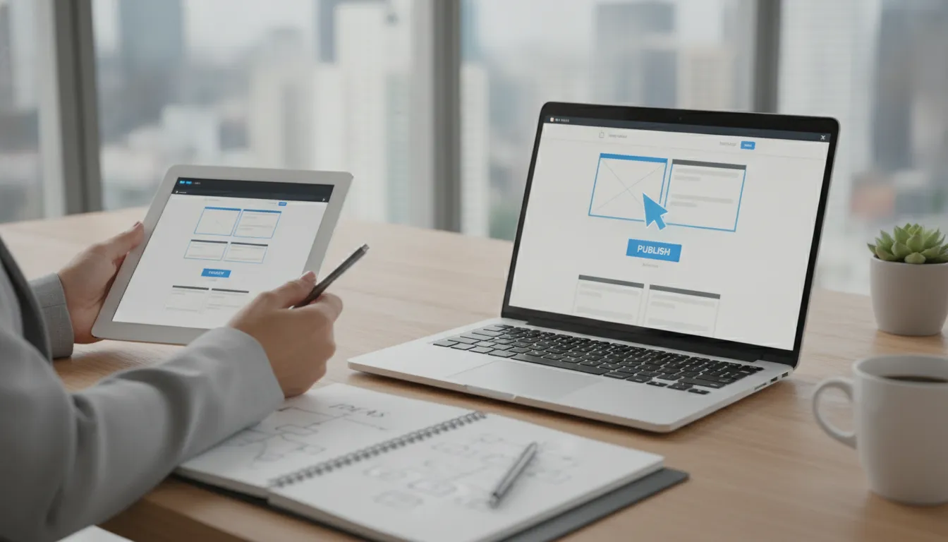 Person building a personal website on a laptop and tablet at a modern workspace.