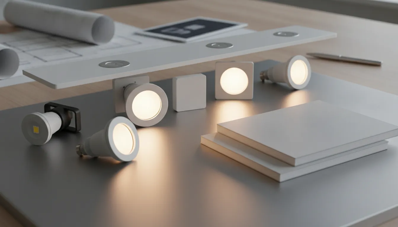 LED recessed lighting bulbs and fixtures arranged for comparison.