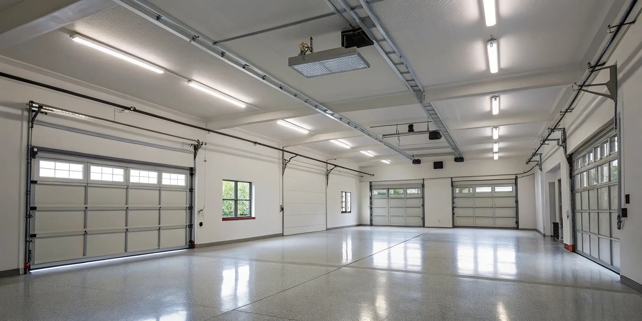 Modern LED garage lights illuminating a clean, spacious garage.