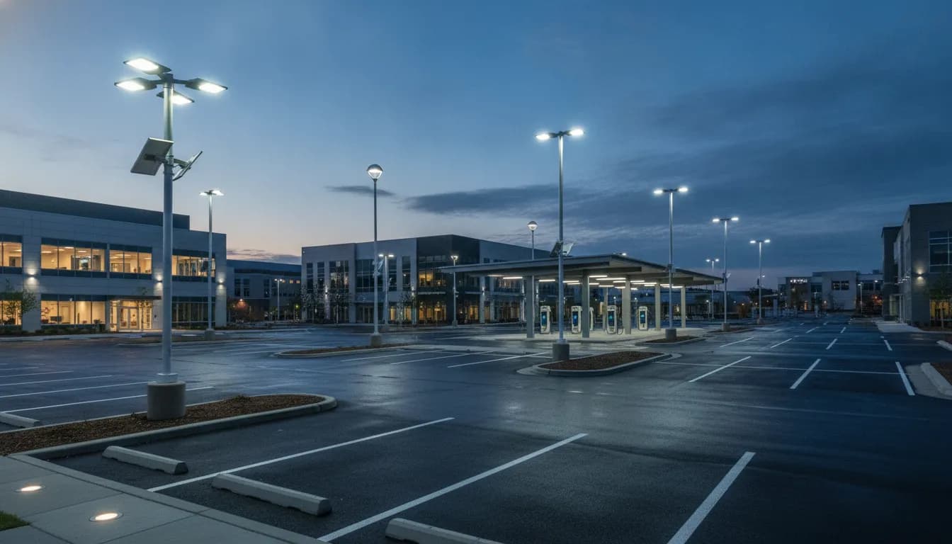 A commercial parking lot brightly lit by the best LED lights at dusk.