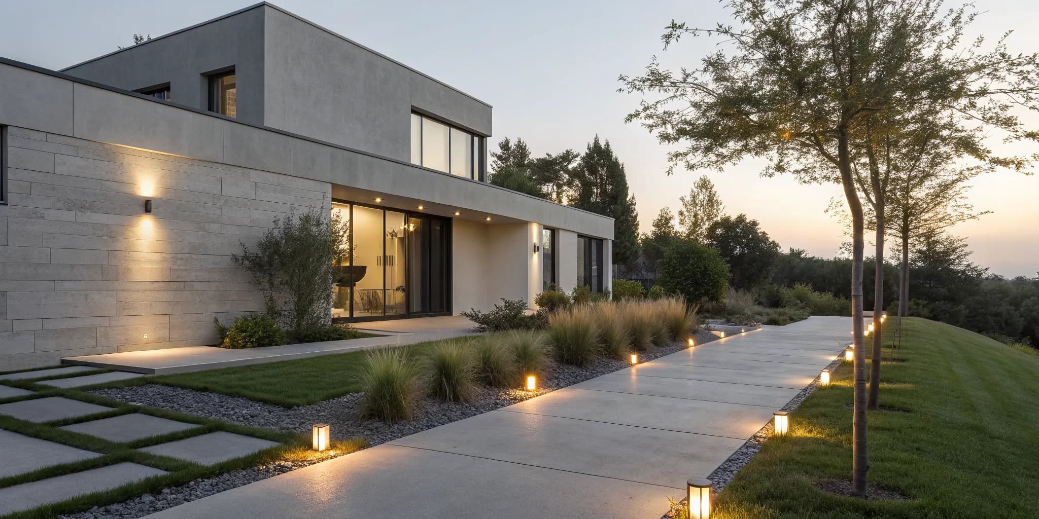Modern solar pathway lights illuminating a garden walkway at dusk.