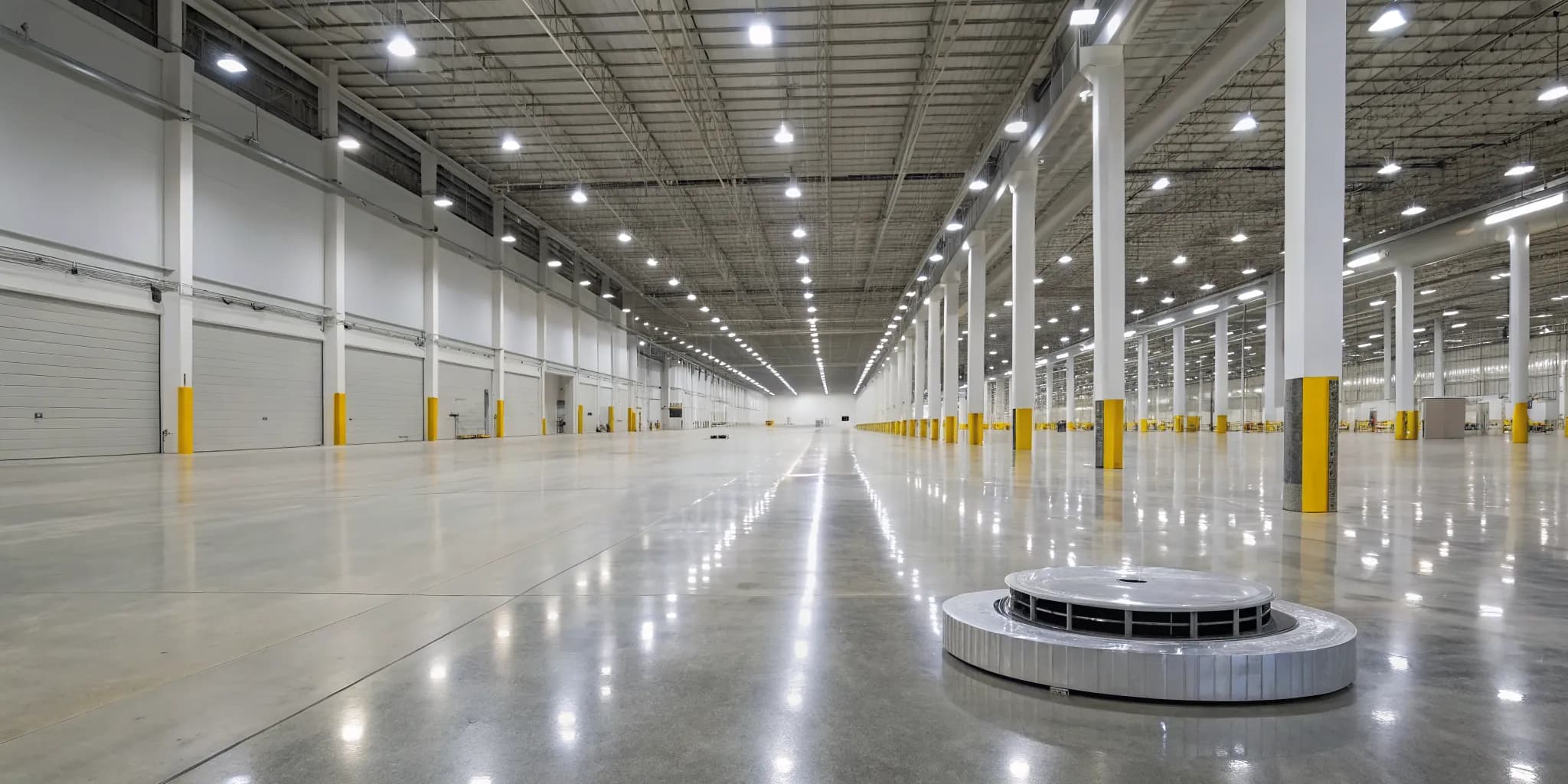 A modern warehouse interior brightly lit by rows of high bay LED lights.