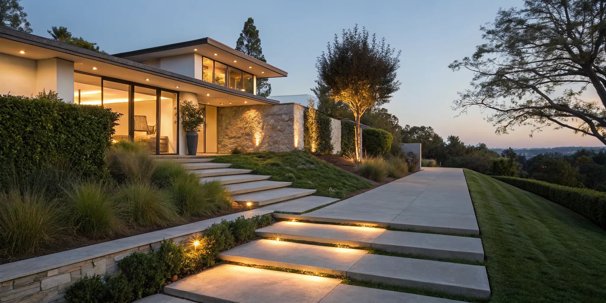 Modern home with layered outdoor lighting design, including path lights and accent lighting to boost curb appeal.