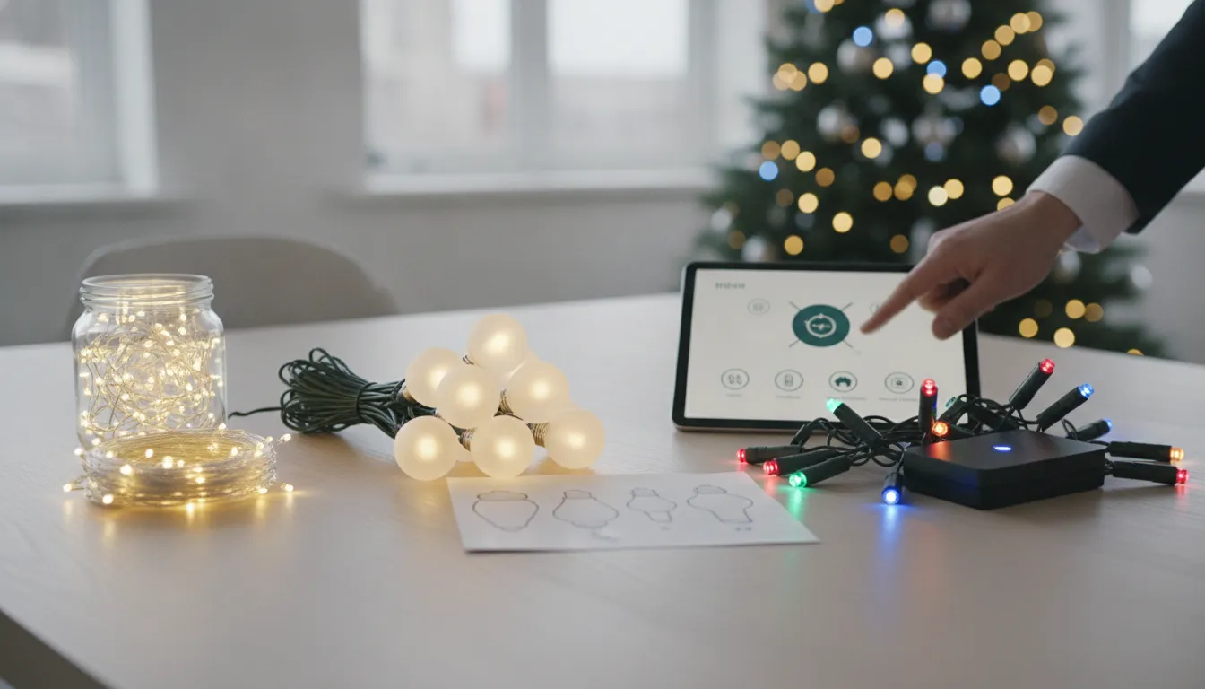 Different types of Christmas lights beside a tablet and decorated tree.