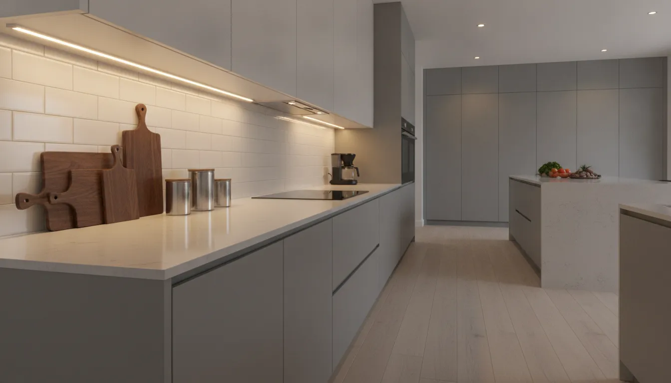 Modern kitchen with under cabinet LED lighting, white backsplash, and sleek gray cabinets.