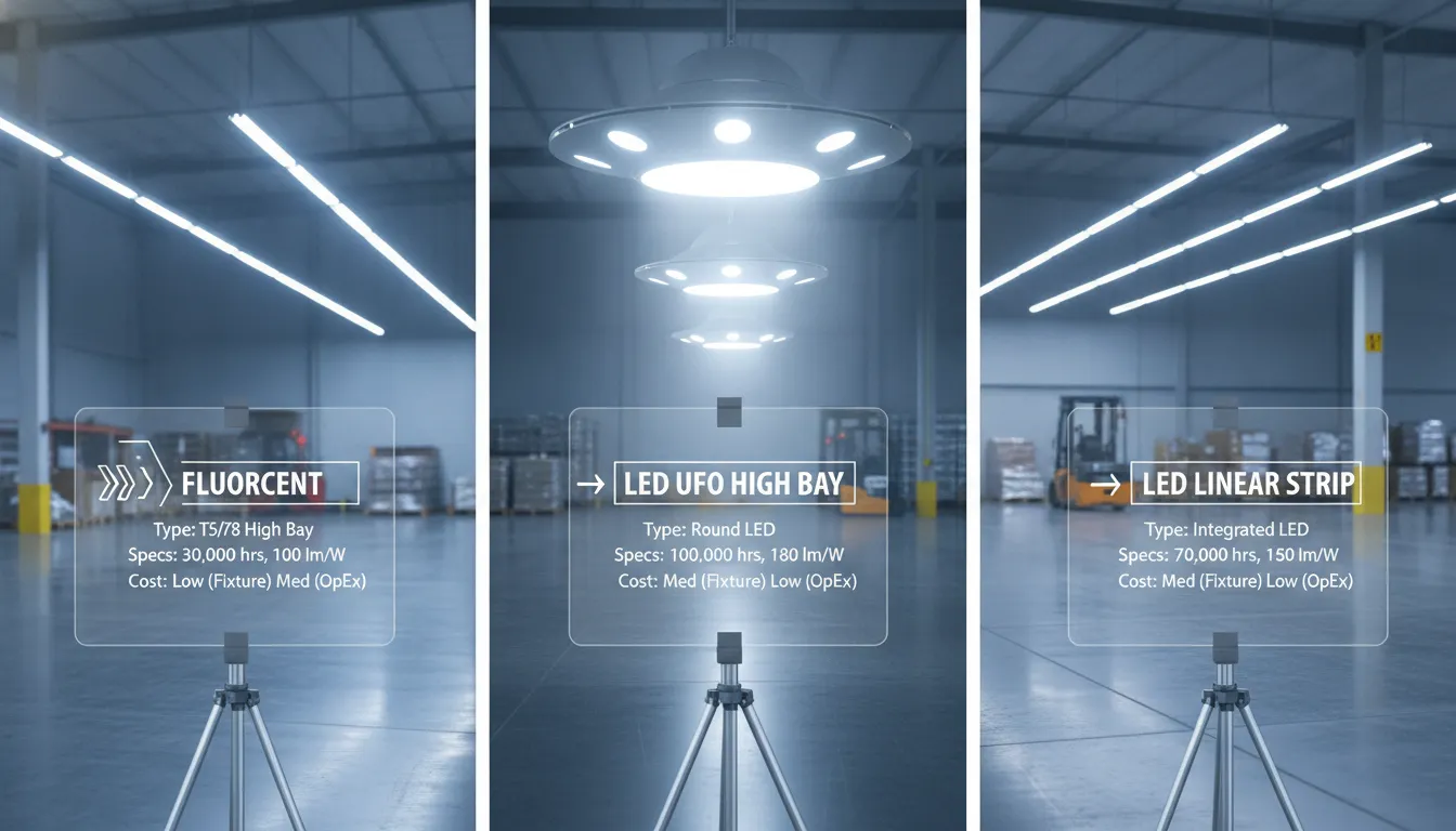 Warehouse lighting comparison of fluorescent, LED UFO high bay, and LED linear strip fixtures.