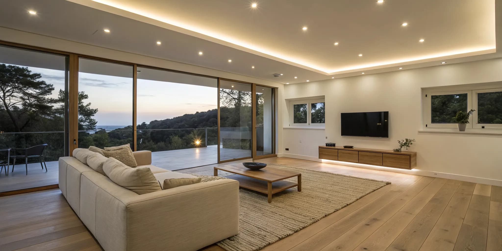 Modern living room with warm ambient lighting from recessed lights and large windows at sunset.