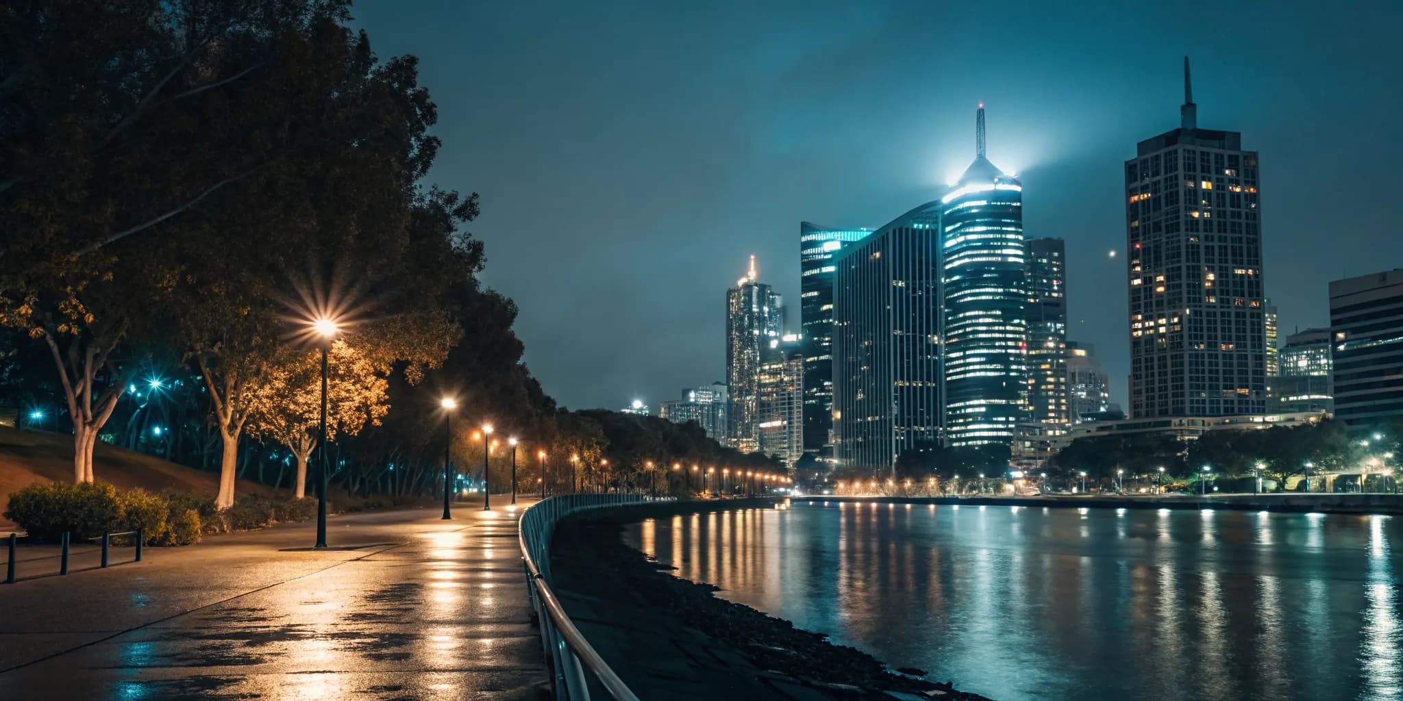 City skyline at night overwhelmed by bright artificial light pollution reflecting on the water.